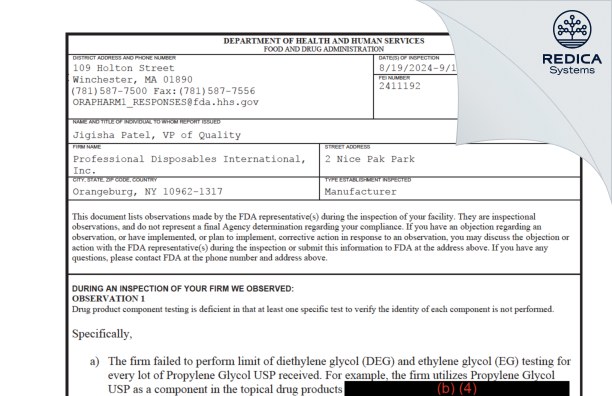 FDA 483 - Professional Disposables International, Inc. [Orangeburg / United States of America] - Download PDF - Redica Systems