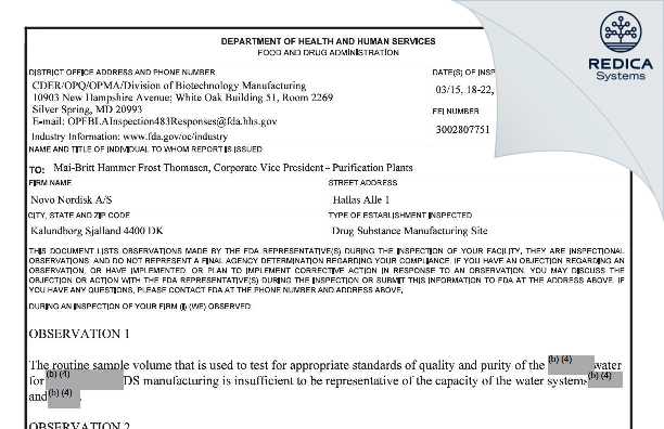 FDA 483 - Novo Nordisk A/S [Kalundborg / Denmark] - Download PDF - Redica Systems