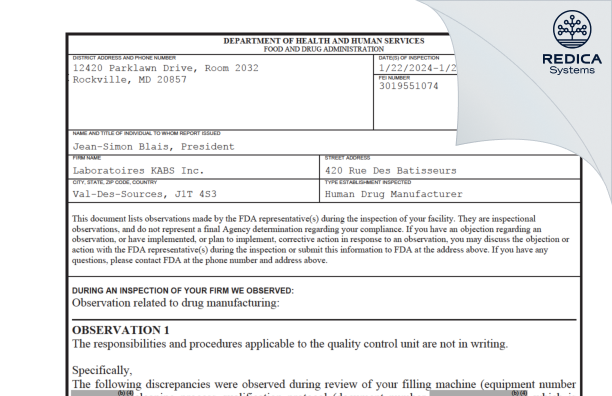 FDA 483 - Laboratoires KABS Inc [Val-Des-Sources / Canada] - Download PDF - Redica Systems