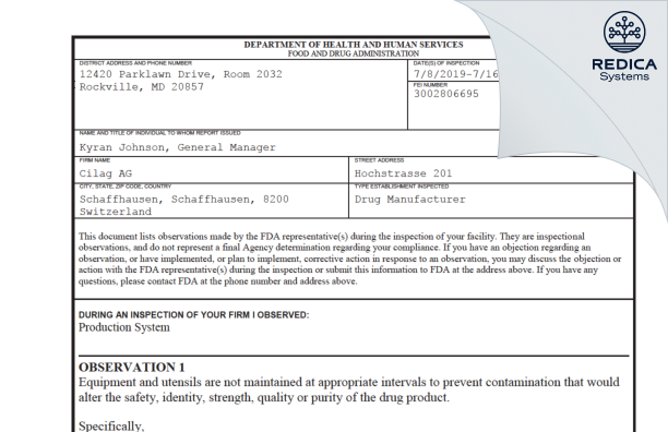 FDA 483 - Cilag AG [Schaffhausen / Switzerland] - Download PDF - Redica Systems