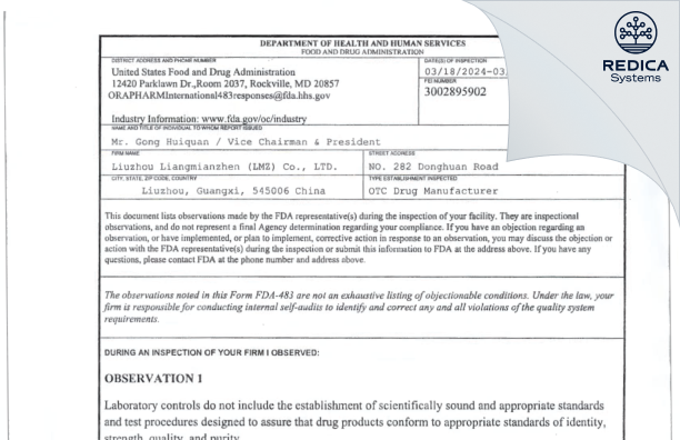 FDA 483 - Liuzhou Liangmianzhen (LMZ) Co., Ltd. [Liuzhou / China] - Download PDF - Redica Systems