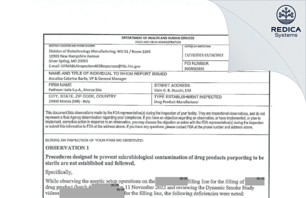 FDA 483 - Patheon Italia S.p.A [Monza / Italy] - Download PDF - Redica Systems