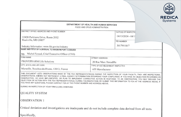 FDA 483 - Provepharm Life Solutions [Marseille / France] - Download PDF - Redica Systems