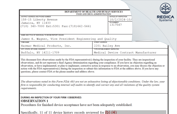 FDA 483 - Harmac Medical Products, Inc. [Buffalo / United States of America] - Download PDF - Redica Systems