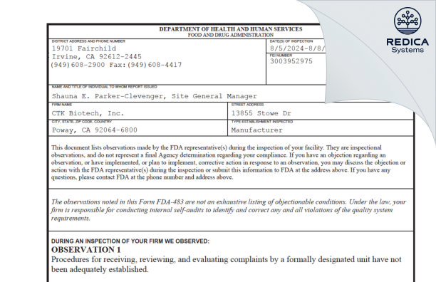 FDA 483 - CTK Biotech, Inc. [Poway / United States of America] - Download PDF - Redica Systems