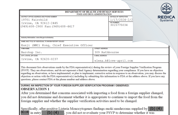 FDA 483 - Barohup Inc. [Irvine / United States of America] - Download PDF - Redica Systems