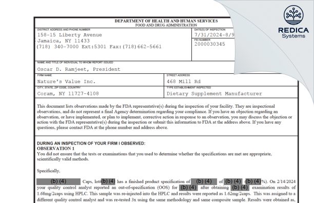 FDA 483 - Nature's Value Inc. [Coram / United States of America] - Download PDF - Redica Systems