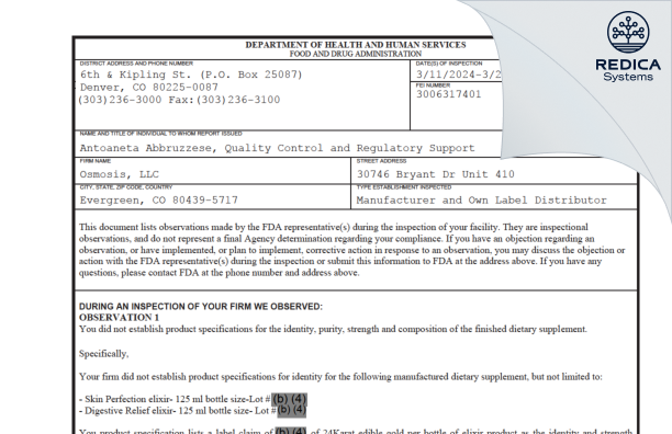 FDA 483 - Osmosis, LLC [Evergreen / United States of America] - Download PDF - Redica Systems