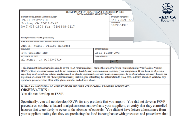 FDA 483 - Jjh Trading Inc [El Monte / United States of America] - Download PDF - Redica Systems