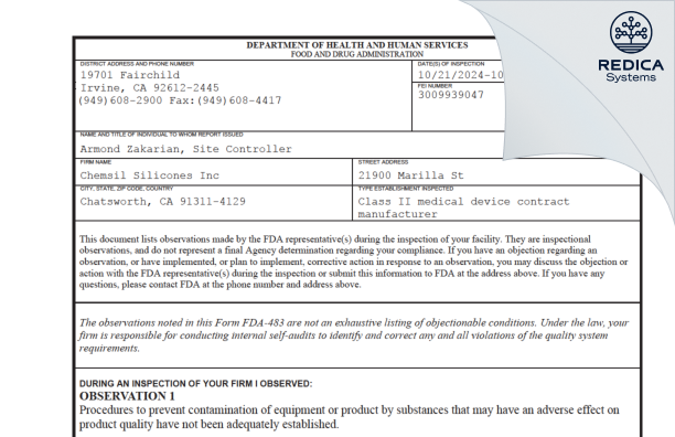 FDA 483 - Chemsil Silicones Inc [Chatsworth / United States of America] - Download PDF - Redica Systems