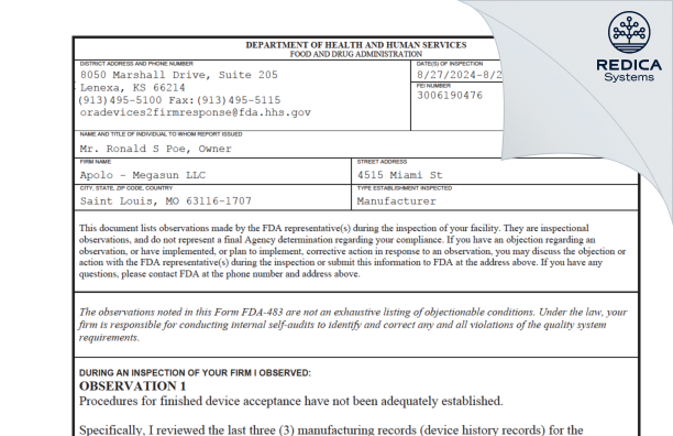 FDA 483 - Mega Sun Inc [Saint Louis / United States of America] - Download PDF - Redica Systems