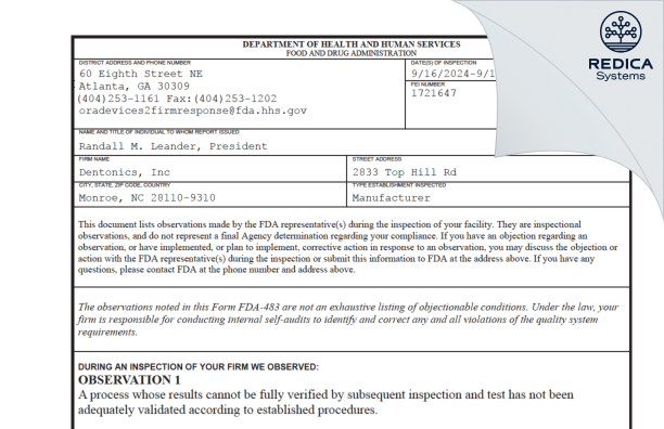 FDA 483 - Dentonics, Inc [Monroe / United States of America] - Download PDF - Redica Systems