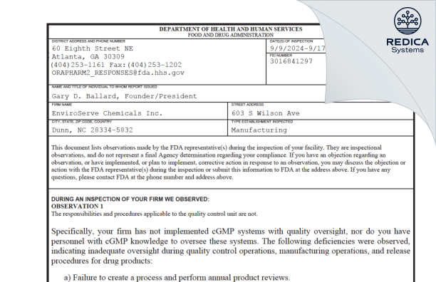 FDA 483 - EnviroServe Chemicals Inc. [Dunn / United States of America] - Download PDF - Redica Systems