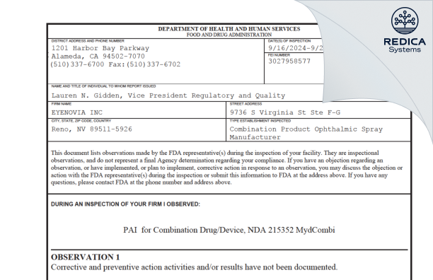 FDA 483 - Eyenovia, Inc. (Building 2) [Reno / United States of America] - Download PDF - Redica Systems