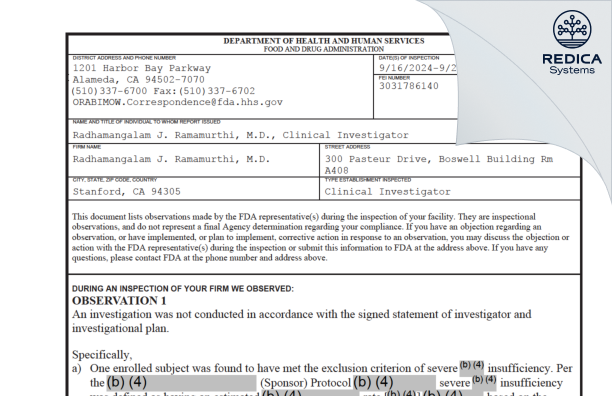 FDA 483 - Radhamangalam J. Ramamurthi, M.D. [Stanford / United States of America] - Download PDF - Redica Systems