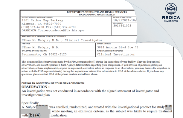 FDA 483 - Ulhas M. Nadgir, M.D. [Sacramento / United States of America] - Download PDF - Redica Systems