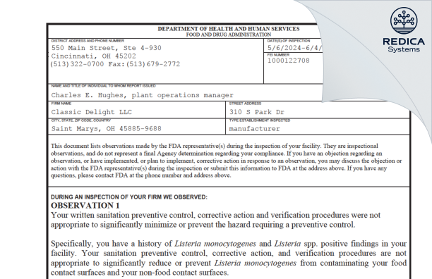 FDA 483 - Classic Delight LLC [Saint Marys / United States of America] - Download PDF - Redica Systems