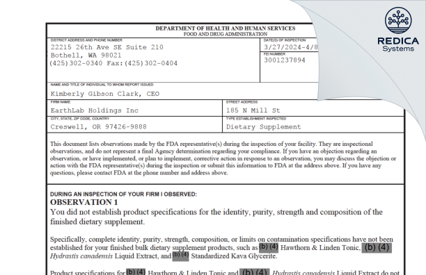 FDA 483 - EarthLab Holdings Inc [Creswell / United States of America] - Download PDF - Redica Systems