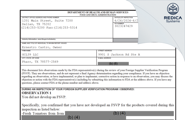 FDA 483 - GCL39 LLC [Pharr / United States of America] - Download PDF - Redica Systems