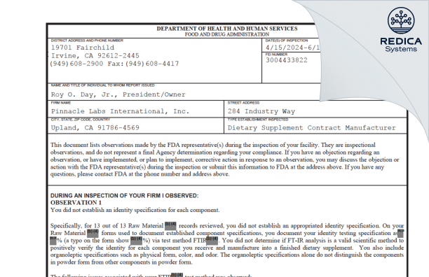 FDA 483 - Pinnacle Labs International, Inc. [Upland / United States of America] - Download PDF - Redica Systems