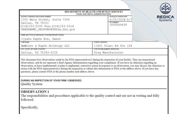 FDA 483 - AmWiner & Raphe Holdings LLC [Dallas / United States of America] - Download PDF - Redica Systems