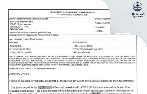 FDA 483 - Arkema Inc. [Piffard / United States of America] - Download PDF - Redica Systems