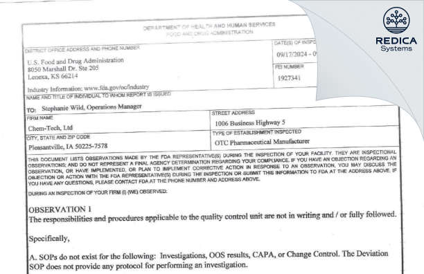 FDA 483 - Chem-Tech Ltd [Pleasantville / United States of America] - Download PDF - Redica Systems