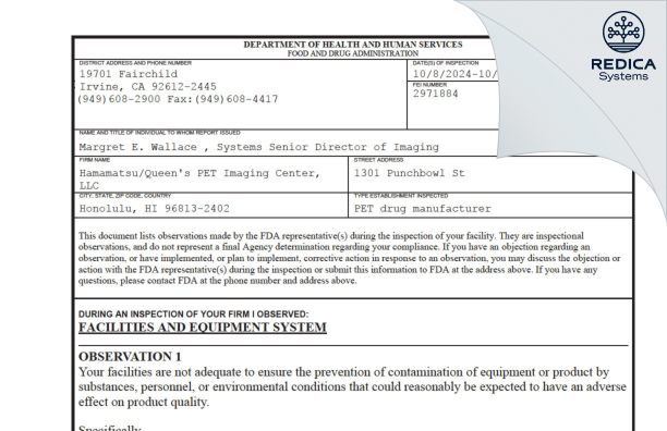 FDA 483 - Hamamatsu/Queen’s PET Imaging Center, LLC [Honolulu / United States of America] - Download PDF - Redica Systems