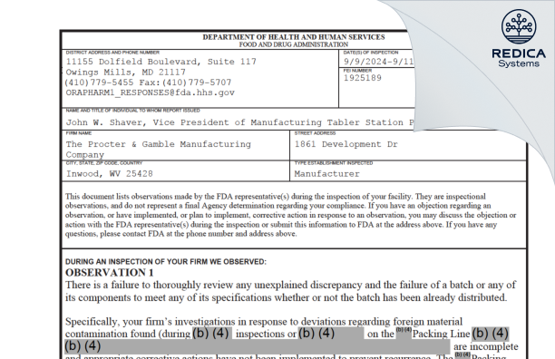 FDA 483 - The Procter & Gamble Manufacturing Company [Kansas City / United States of America] - Download PDF - Redica Systems