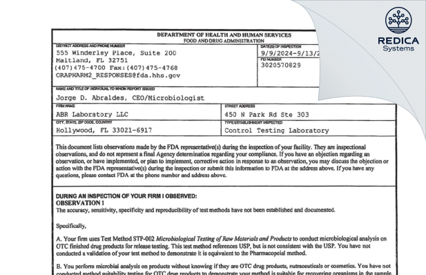 FDA 483 - ABR Laboratory LLC [Hollywood / United States of America] - Download PDF - Redica Systems