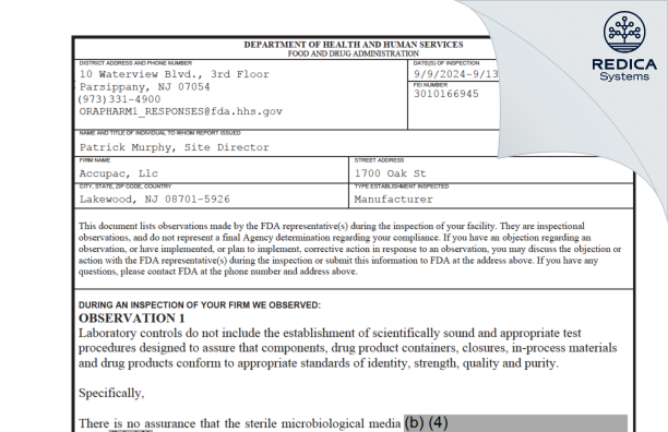 FDA 483 - Accupac, LLC [Lakewood / United States of America] - Download PDF - Redica Systems