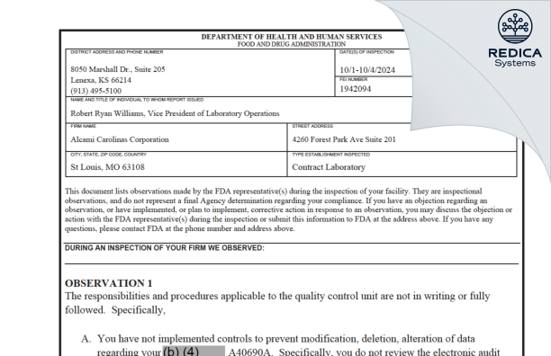 FDA 483 - Alcami Carolinas Corporation [Saint Louis / United States of America] - Download PDF - Redica Systems