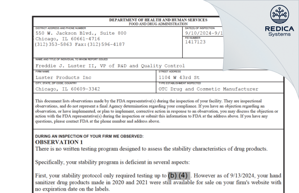 FDA 483 - Luster Products, Inc. [Chicago / United States of America] - Download PDF - Redica Systems