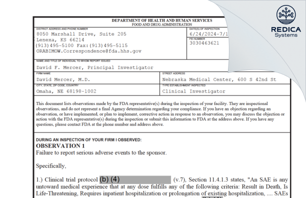 FDA 483 - David Mercer, M.D. [Omaha / United States of America] - Download PDF - Redica Systems