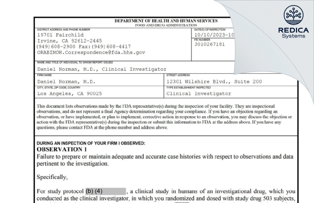 FDA 483 - Daniel Norman, M.D. [Los Angeles / United States of America] - Download PDF - Redica Systems