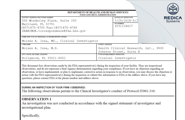 FDA 483 - Moises A. Issa, M.D. [Hollywood / United States of America] - Download PDF - Redica Systems