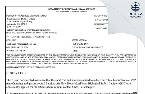 FDA 483 - BioMarin Pharmaceutical Inc. [Novato / United States of America] - Download PDF - Redica Systems