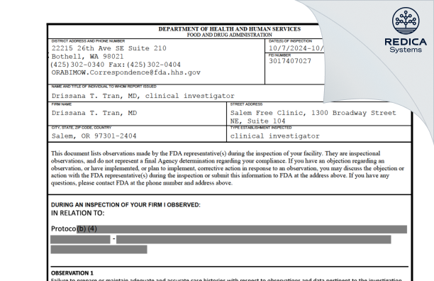 FDA 483 - Drissana T. Tran, MD [Salem / United States of America] - Download PDF - Redica Systems