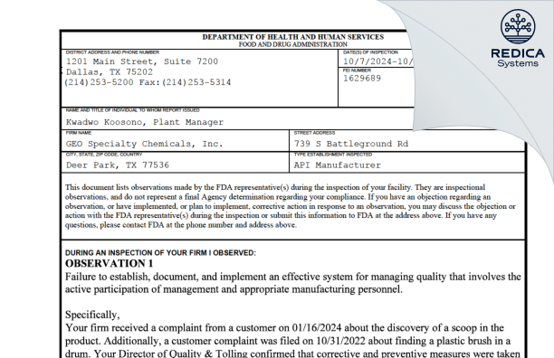 FDA 483 - GEO Specialty Chemicals Inc. [Deer Park / United States of America] - Download PDF - Redica Systems