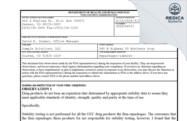 FDA 483 - Sample Solutions, L.L.C. [Olathe / United States of America] - Download PDF - Redica Systems