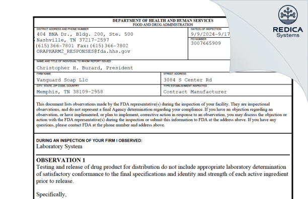 FDA 483 - Vanguard Soap, LLC. [Memphis / United States of America] - Download PDF - Redica Systems