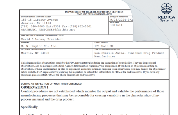 FDA 483 - H. W. Naylor Company Inc. [Morris / United States of America] - Download PDF - Redica Systems