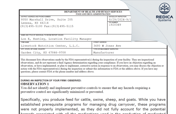 FDA 483 - CARGILL INCORPORATED [Garden City / United States of America] - Download PDF - Redica Systems