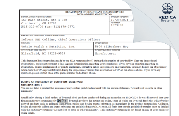 FDA 483 - Uckele Health & Nutrition, Inc. [Blissfield / United States of America] - Download PDF - Redica Systems