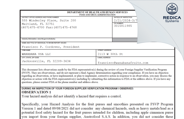 FDA 483 - WANABANA USA LLC [Jacksonville / United States of America] - Download PDF - Redica Systems