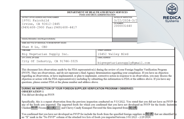 FDA 483 - Big Vegetarian Supply Inc. [City Of Industry / United States of America] - Download PDF - Redica Systems