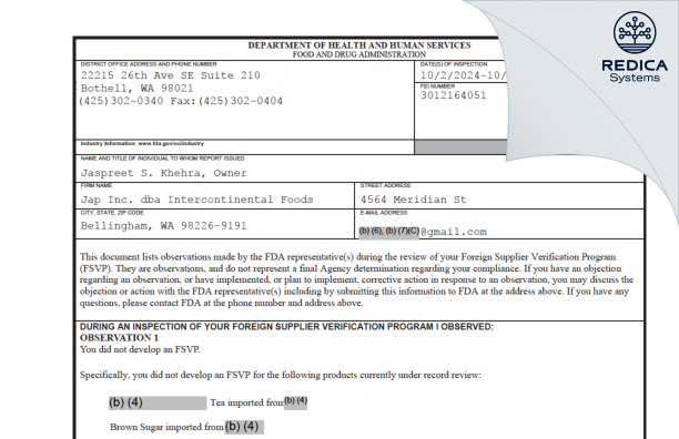 FDA 483 - Jap Inc. dba Intercontinental Foods [Bellingham / United States of America] - Download PDF - Redica Systems