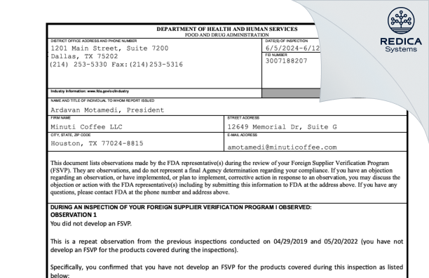 FDA 483 - Minuti Coffee LLC [Houston / United States of America] - Download PDF - Redica Systems