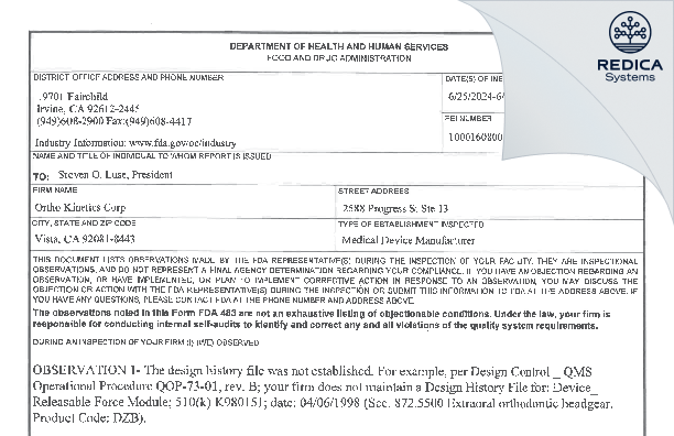 FDA 483 - Ortho Kinetics Corp [Vista / United States of America] - Download PDF - Redica Systems