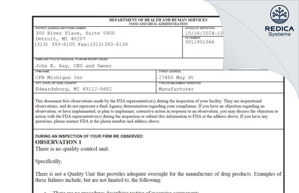 FDA 483 - CFB Michigan Inc [Edwardsburg / United States of America] - Download PDF - Redica Systems